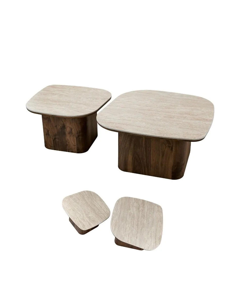 Enzo Salontafel set - Travertijn, 85*80*43 / 60*65*40